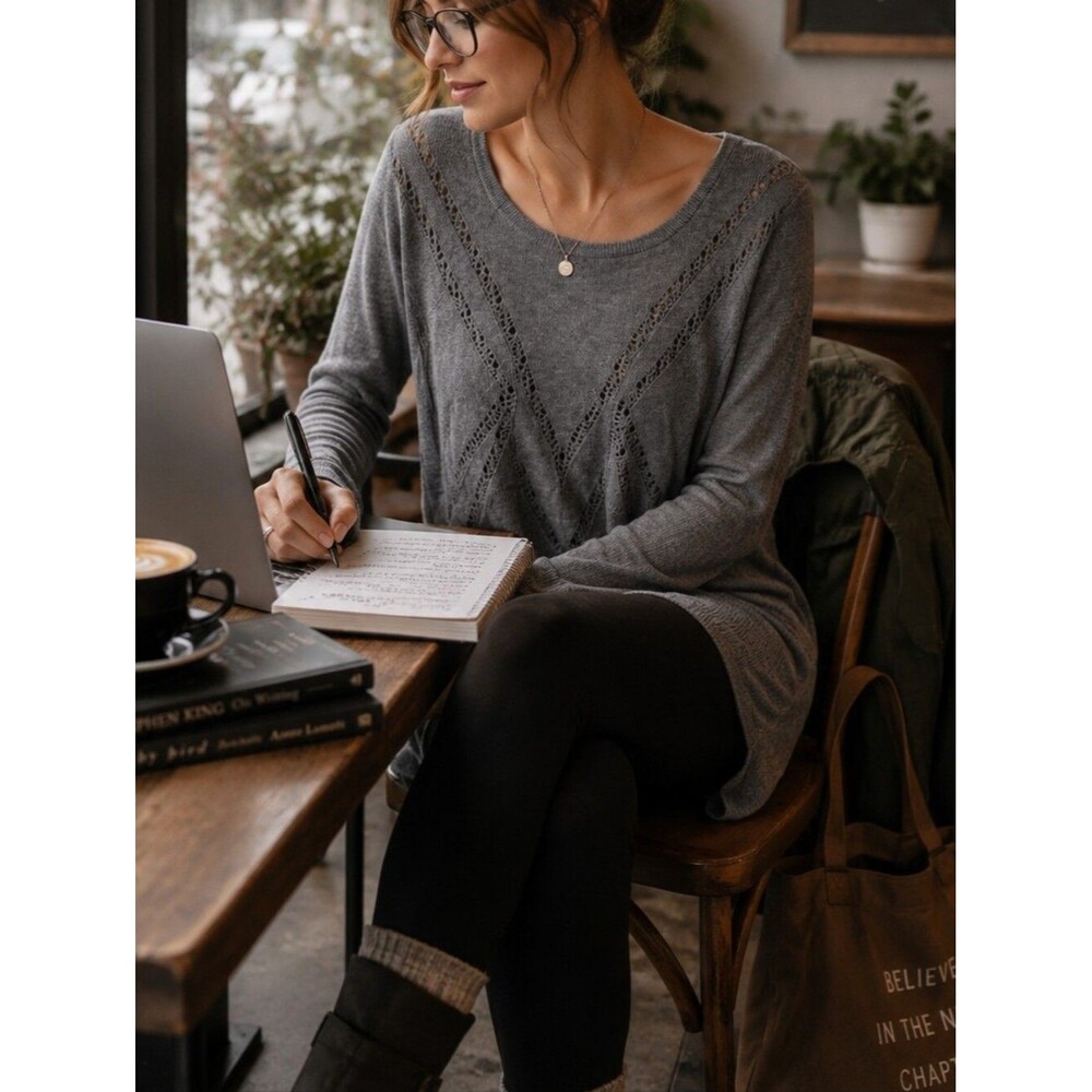 Express Grey Engineered Pointelle Pullover Tight & Open Knit Sweater S Tunic